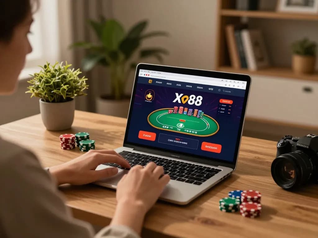 Xo88 user placing bets in a stylish home office while engaging with online poker.