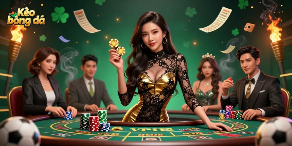 Engage in Kèo bóng đá with a glamorous woman at a VIP betting table surrounded by colorful sports elements.