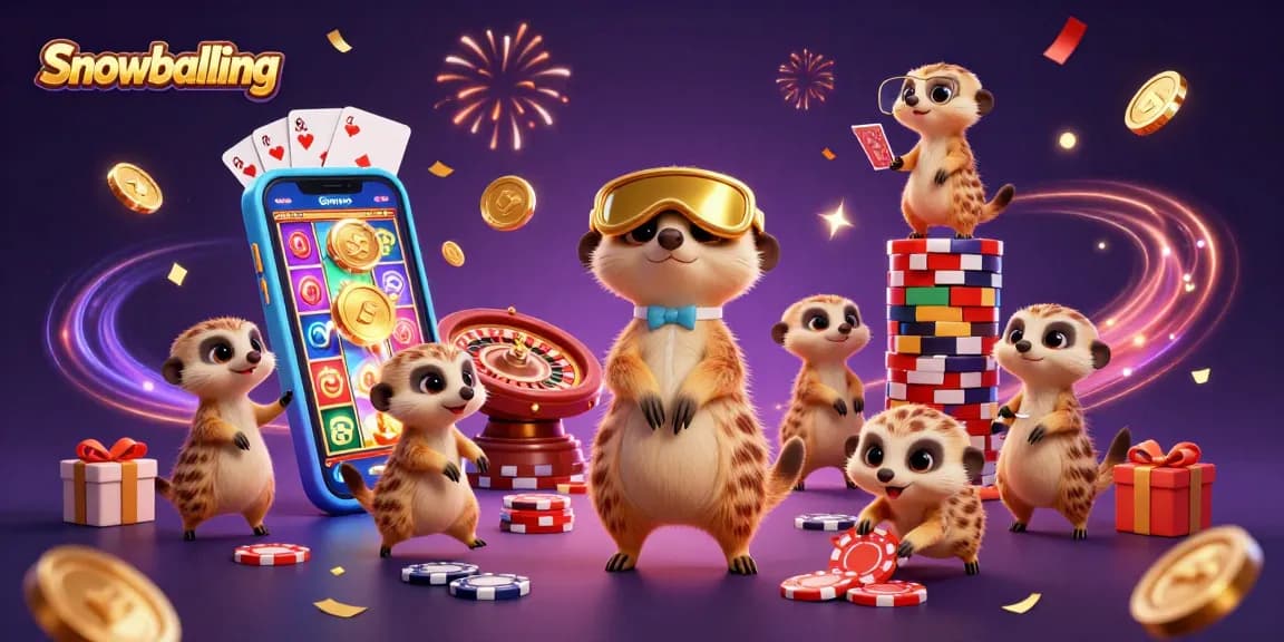Engage in snowballing fun with meerkats managing a vibrant casino scene filled with game elements.