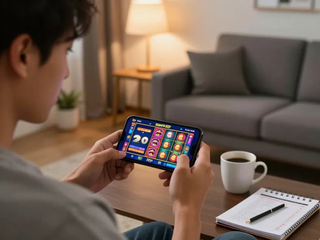 Player engaging with the Super 222 online casino app on smartphone while managing bankroll in cozy home environment.