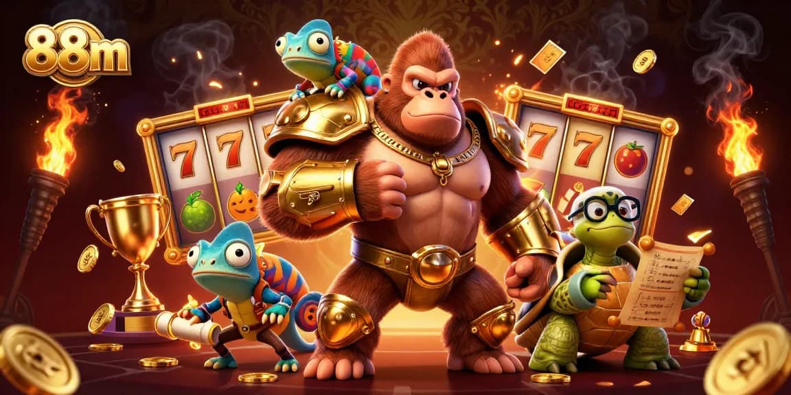 Experience the thrill of 88m with a casino illustration featuring a gorilla king, chameleon spy, and ancient scrolls.