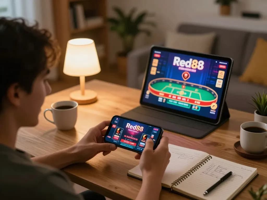 Engaging with the Red88 casino app during a cozy home gaming session, showing excitement on the player's face