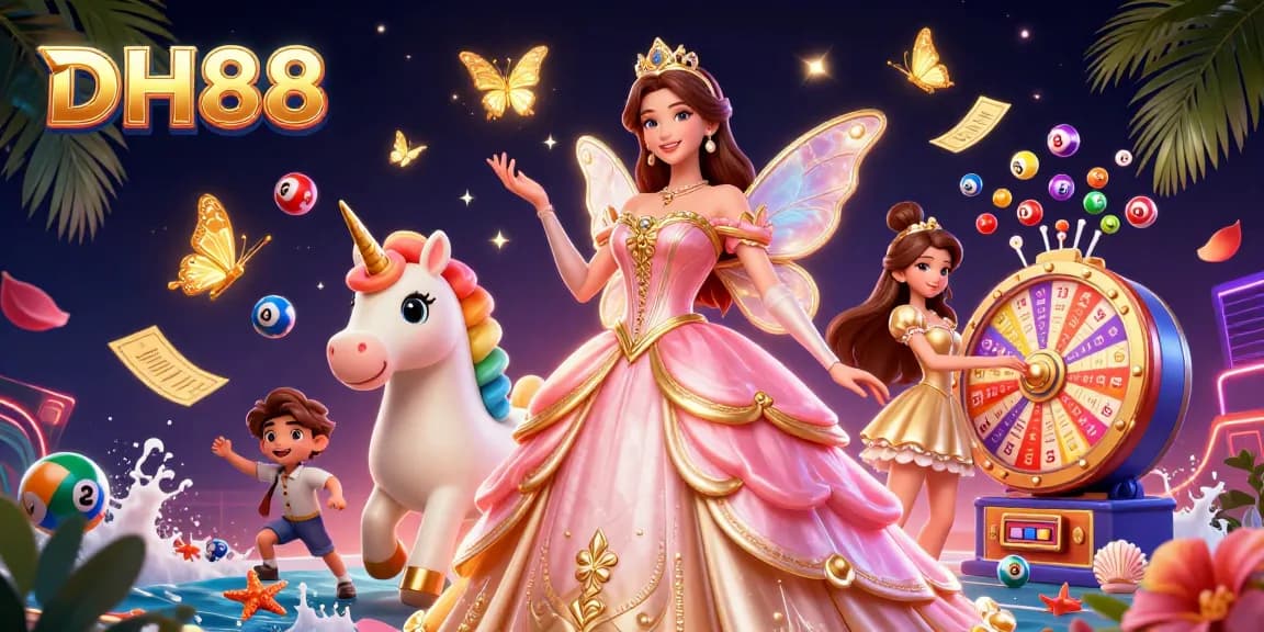 Join the winning excitement at DH88 with a vibrant casino scene featuring animated lottery elements and magical creatures.