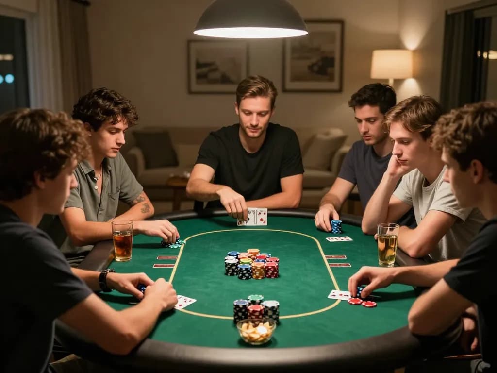 GO8 players strategizing and enjoying a poker night with friends at home, showcasing colorful chips and cards.