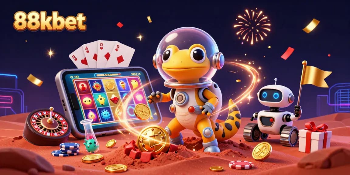 Win big with 88kbet at a futuristic golden casino, portrayed by a Martian gecko exploring dynamic games.