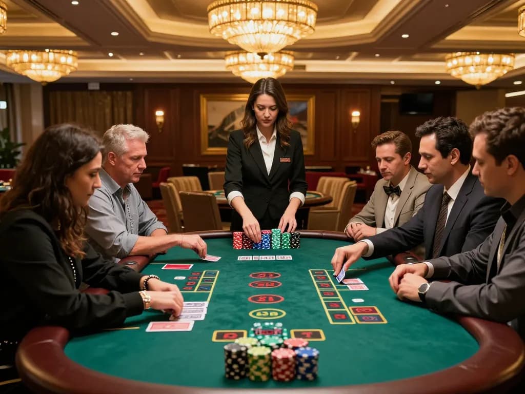 Engaged players at dacsandatphanrang blackjack table, showcasing strategic gameplay in a luxury setting