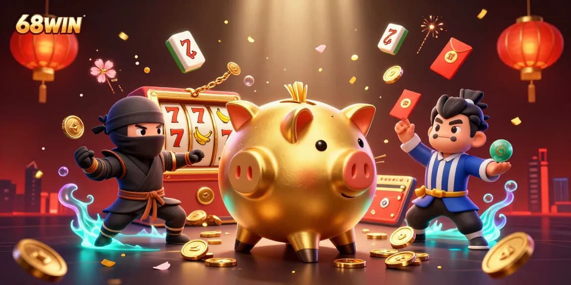 Spin the reels in 68WIN with a dynamic scene featuring a golden piggy bank and casino elements