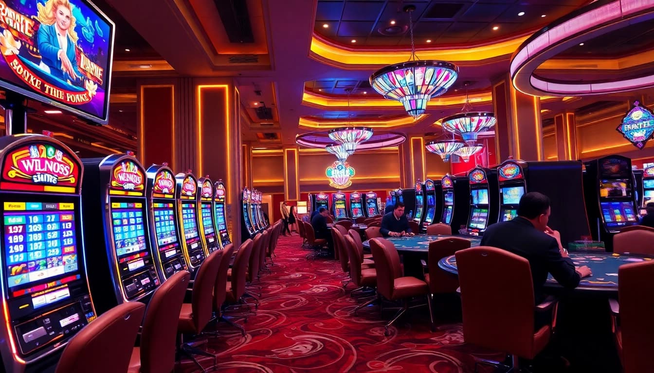 Menampilkan suasana kasino mewah, merayakan situs pgbet dengan mesin slot berwarna cerah.