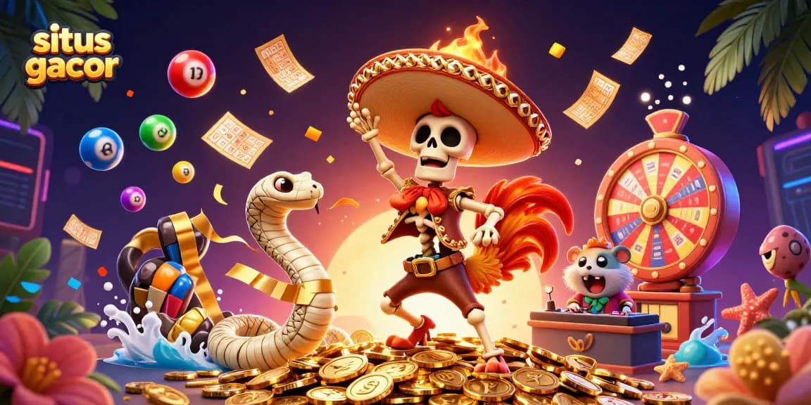 Situs gacor showcasing a victorious mariachi rooster, lively characters, and dynamic lottery elements in a vibrant casino scene.