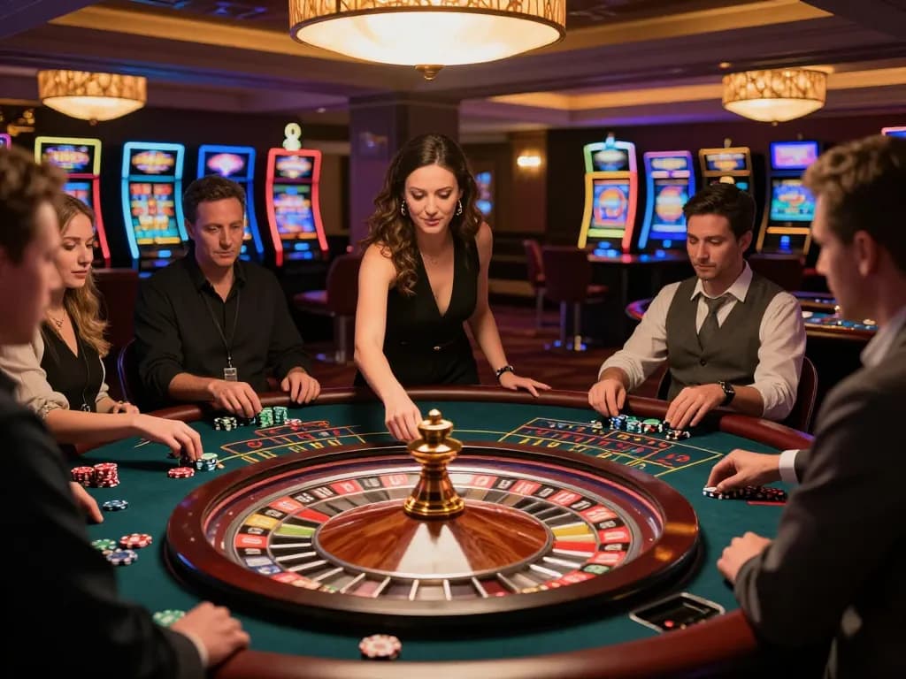The excitement of nhà cái lv88 as players place bets around a spinning roulette wheel in an upscale casino atmosphere.