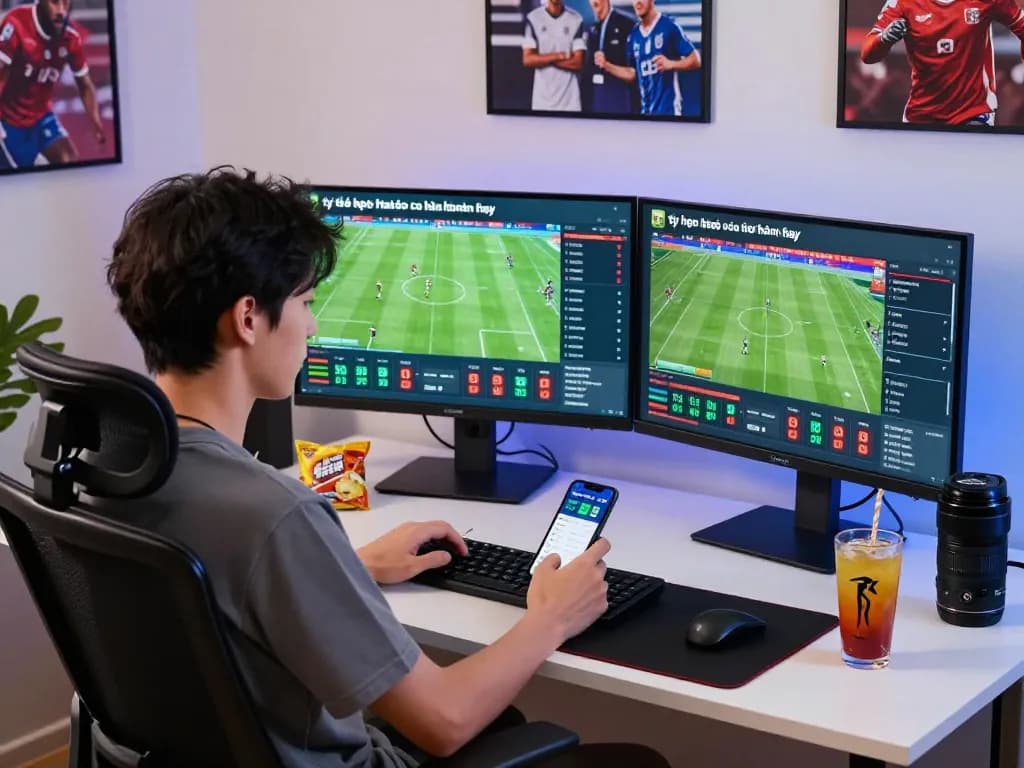 Tỷ lệ kèo nhà cái hôm nay displayed on dual monitors during sports betting session with snacks.
