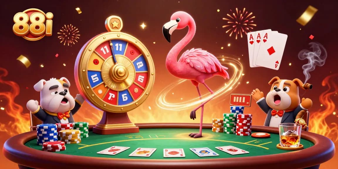 Engage in action-packed gameplay with 88i, where a flamingo host spins the prize wheel in a vibrant, festive casino setting.