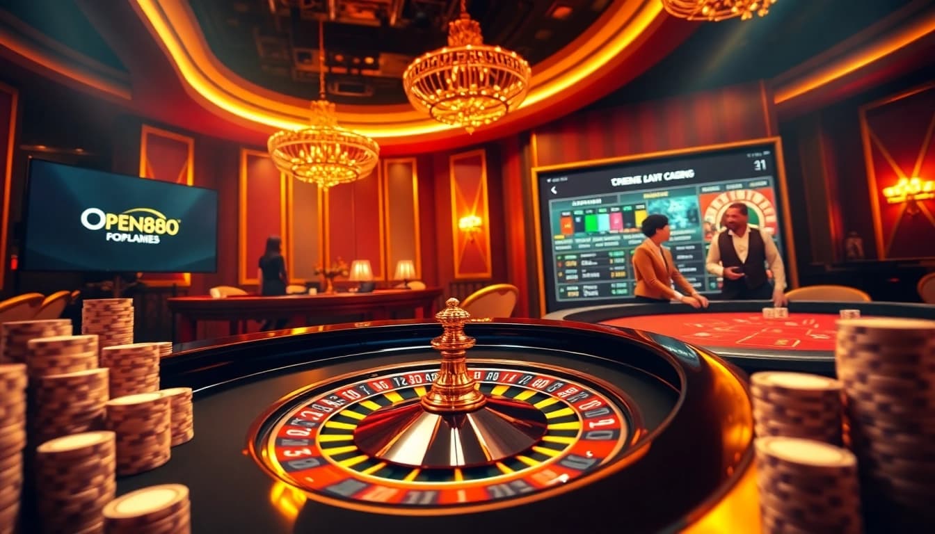 Excited players engaging with the OPEN888 casino roulette wheel and poker table, featuring vibrant casino lights.