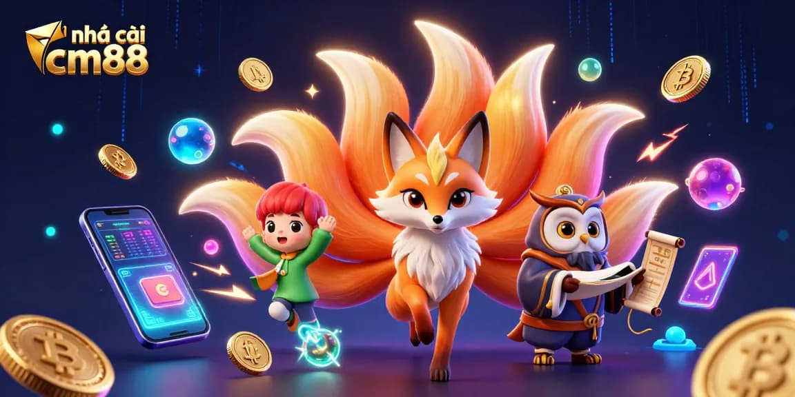 Engage with the vibrant world of nhà cái cm88, featuring a nine-tailed fox spirit and owl sage amidst a dazzling casino scene.