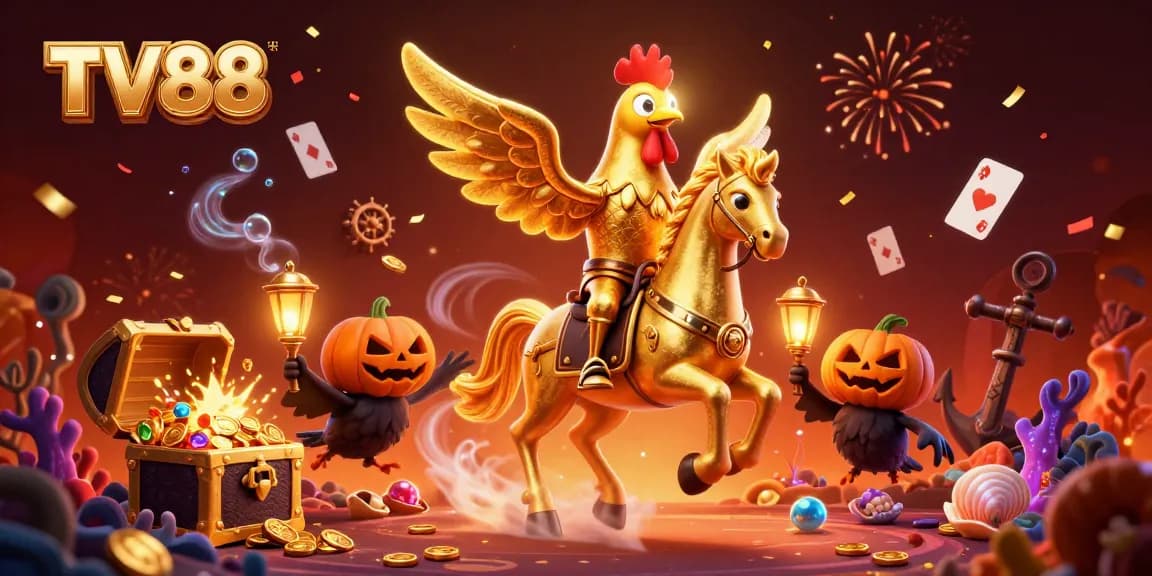 Experience the thrill of TV88 as it celebrates the vibrant casino atmosphere with golden characters and magical elements.