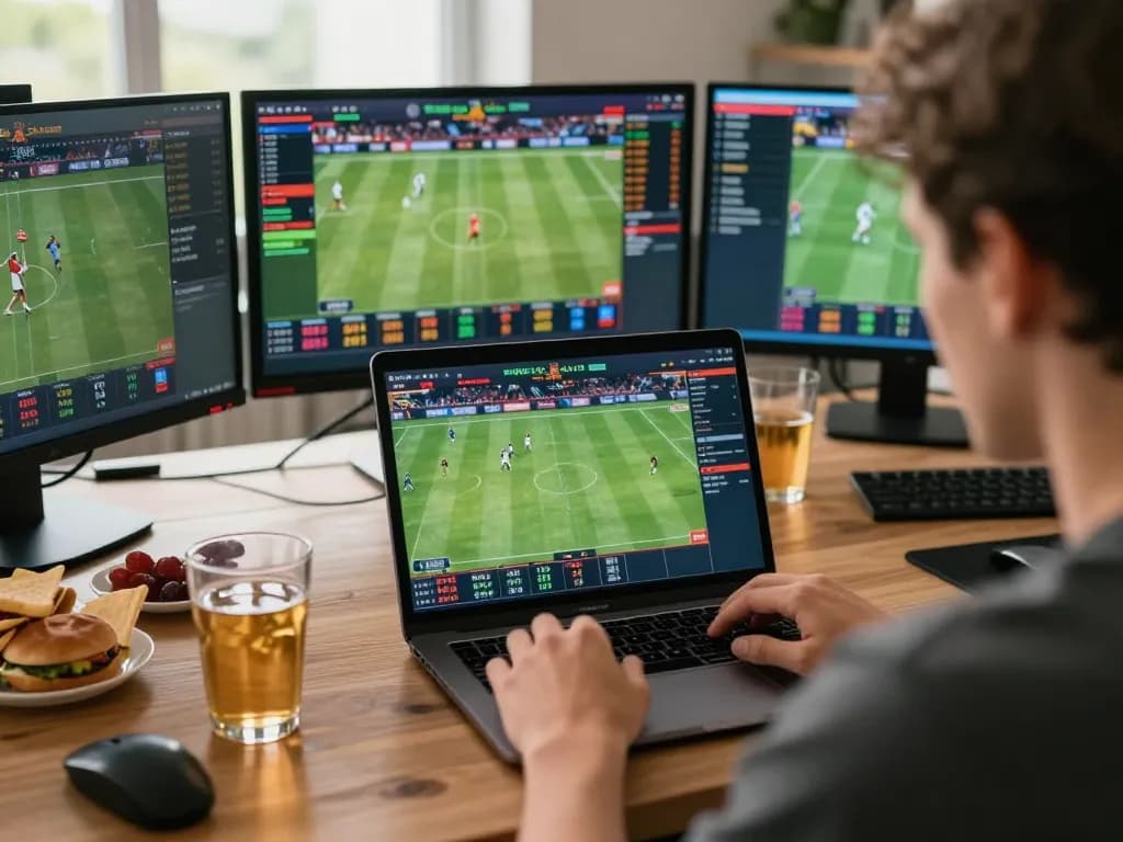 Engaging in de bet strategies with real-time stats on a laptop during sports betting session.