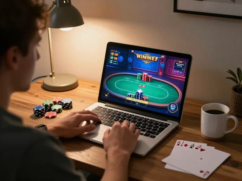 Player engaging in an online poker game at home, showcasing the tr88 gaming experience.