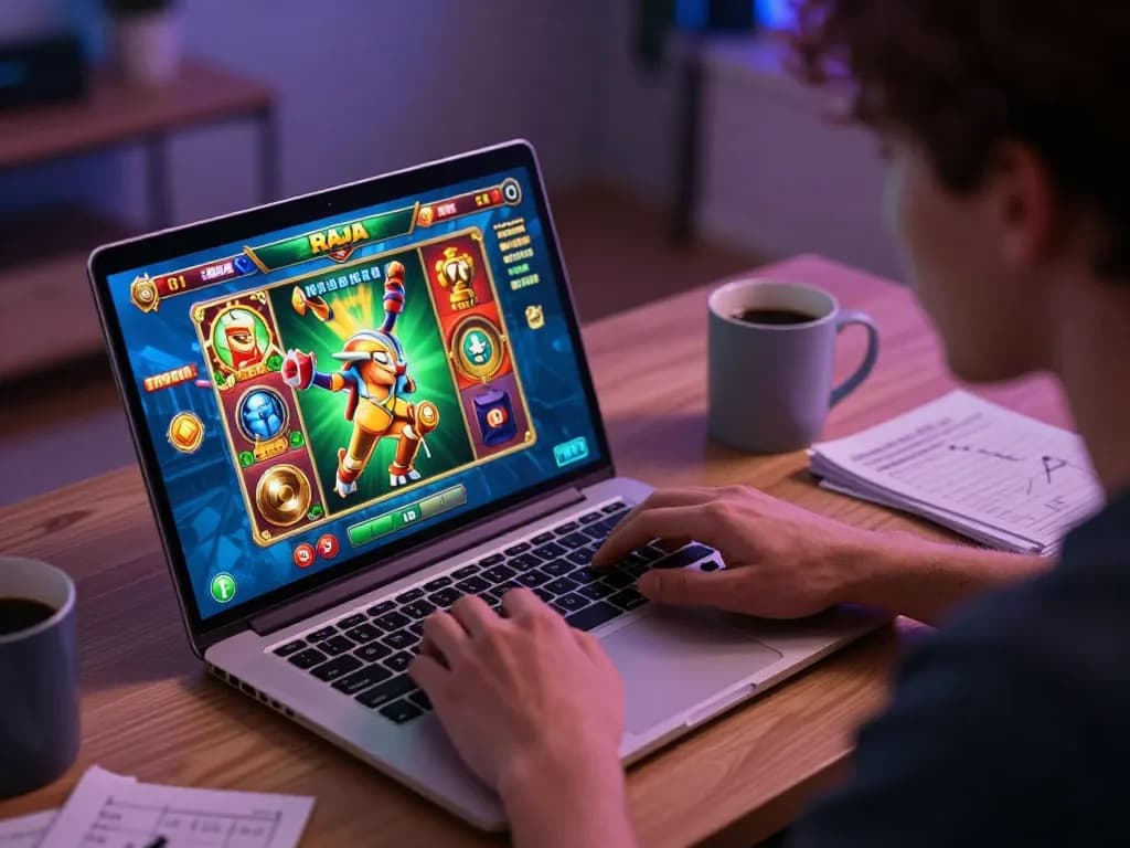 Player strategizing while spinning raja slot reels on a laptop in a cozy gaming setup