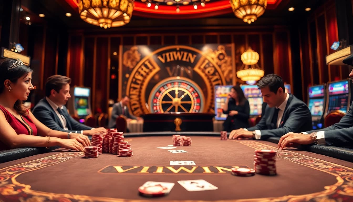 Enthusiastic players enjoying a game of poker at VIPWIN casino while surrounded by vibrant slot machines.