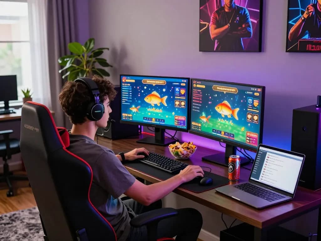 Fun79 gaming setup showcasing vibrant online game interfaces at https://fun79.bio/ with snacks and dynamic lighting.