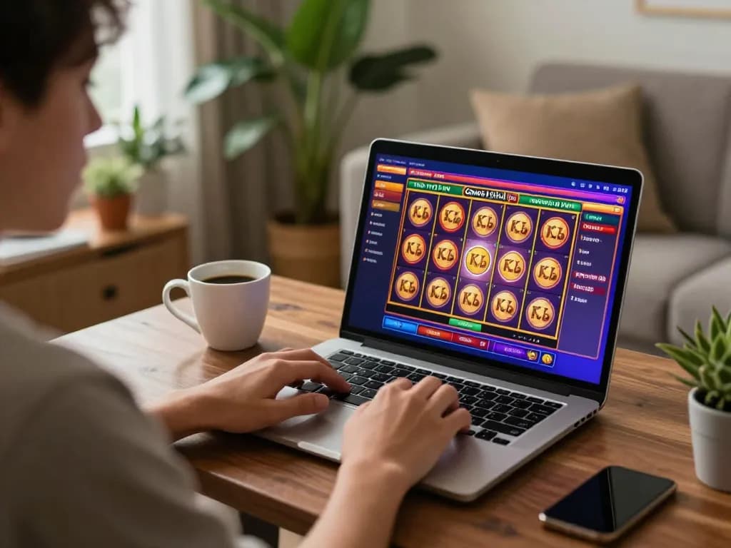 Engaging gaming session at home, showcasing Game nổ hũ uy tín on a laptop with colorful reels and cozy atmosphere.