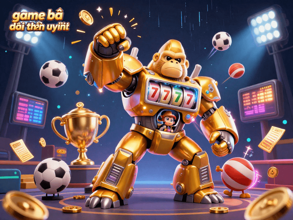 Experience the thrill of game bài đổi thưởng uy tín with an explosive 3D illustration of a golden gorilla mech.