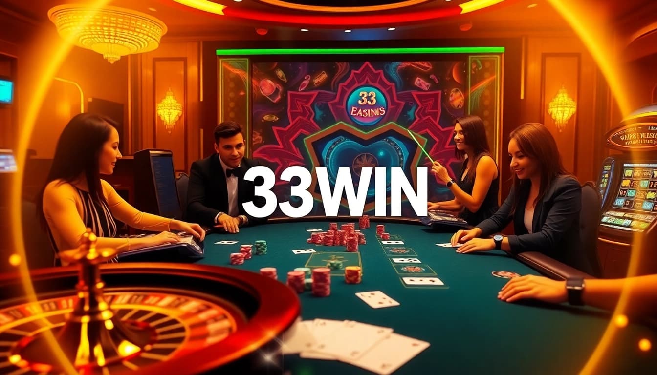33WIN poker table with vibrant chips and players enjoying the thrill of gambling.