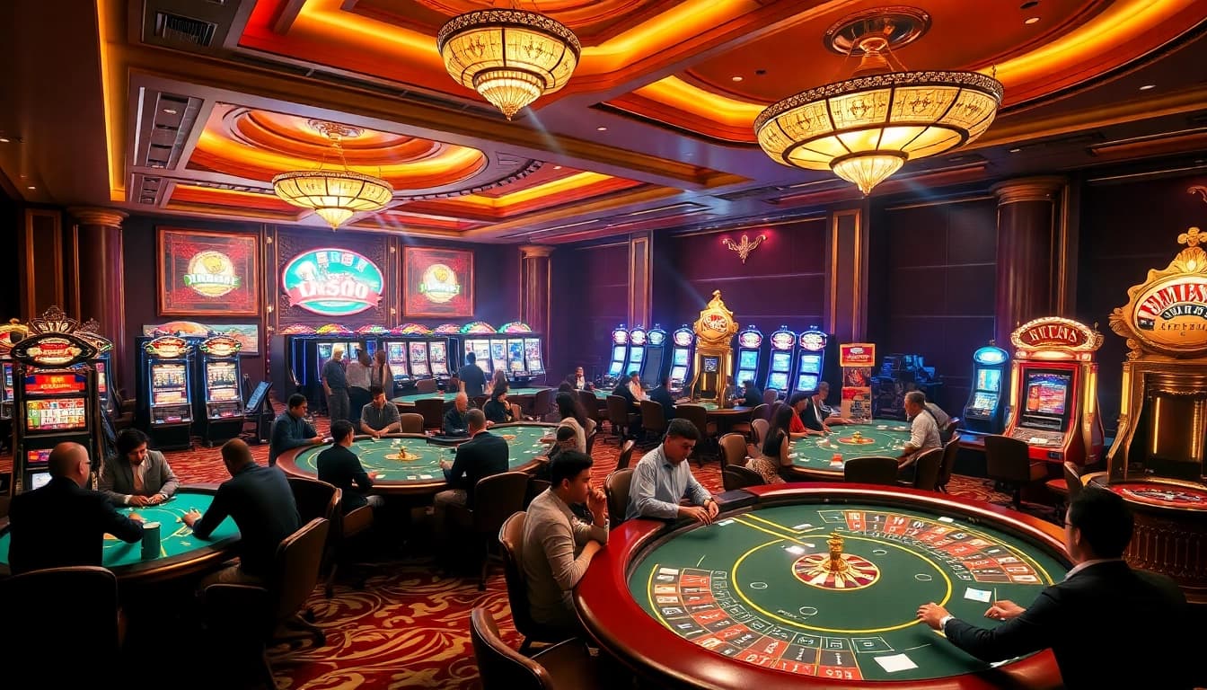Players enjoying thrilling casino games at EV88 with vibrant slot machines and live tables.