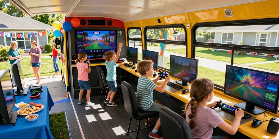 Engaged kids enjoying a gaming bus party with consoles and laughter.