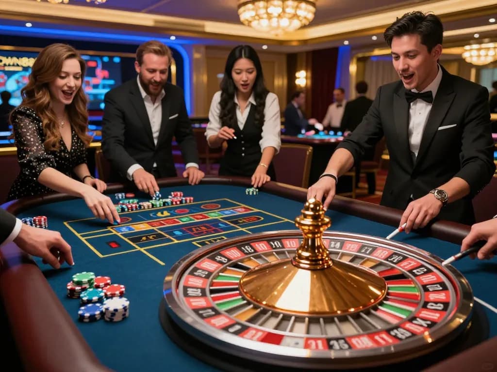 Crown88 players celebrating a win at a luxurious roulette table in a dynamic online gaming atmosphere.