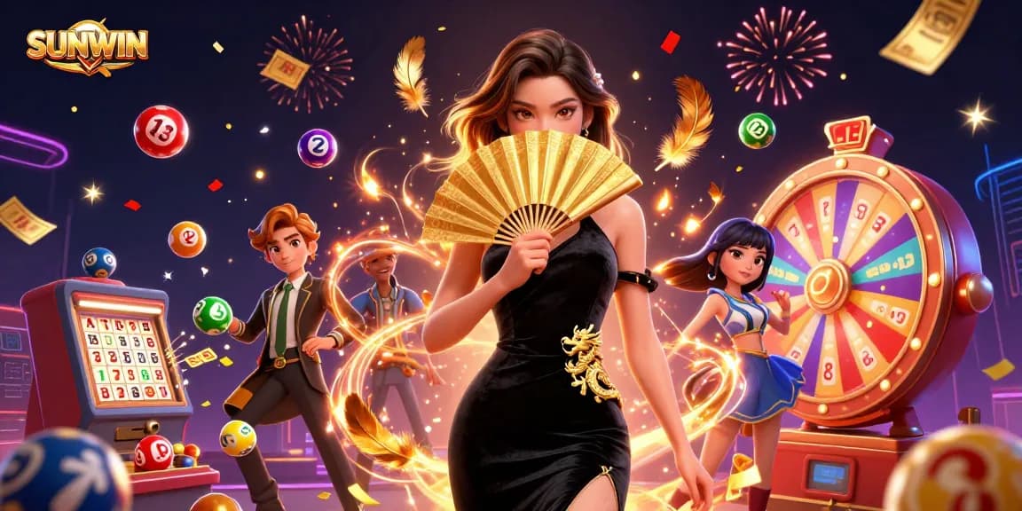 SUNWIN's stunning Asian beauty symbolizes luck and success in dynamic casino action, surrounded by festive game elements.