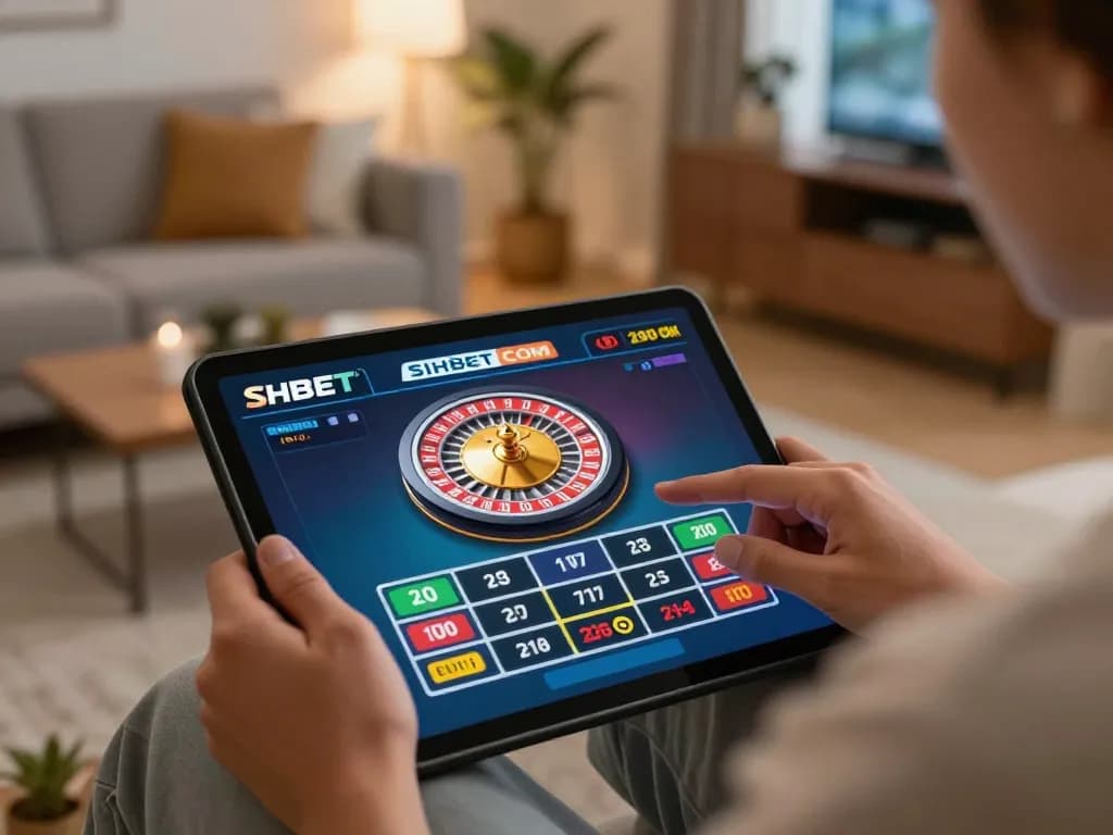 Engaged gambler using SHBET COM tablet for online roulette betting in a cozy home.
