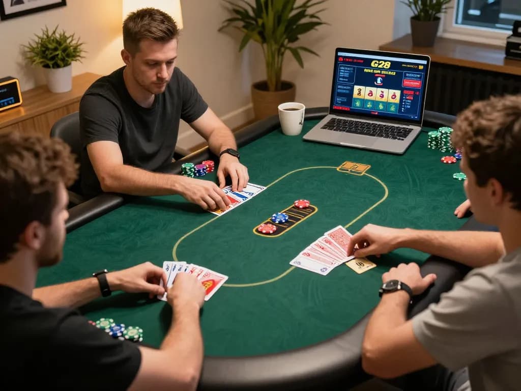 Players strategizing and betting at G28 online poker table in a cozy home setting.
