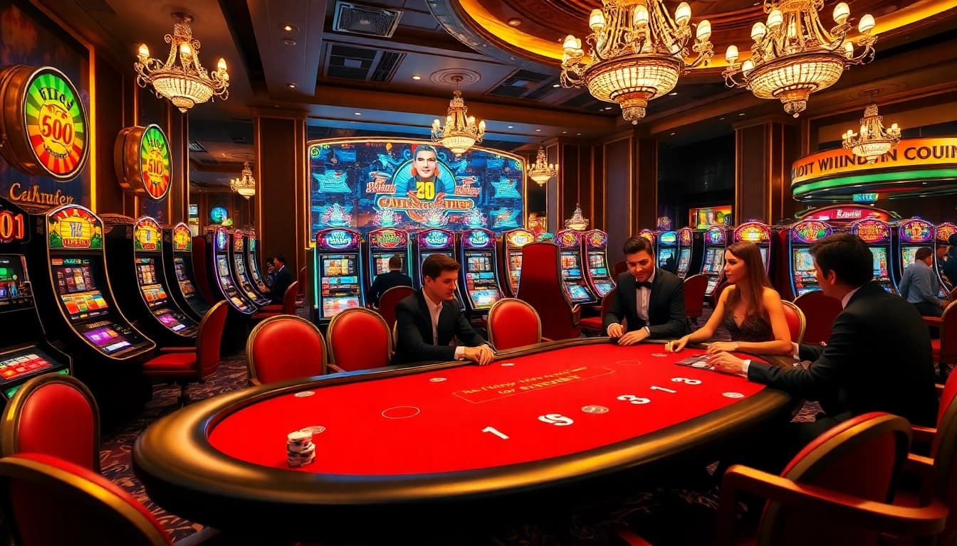 Intense gaming action at https://nhacaiuytin.news/ with vibrant poker table scenes and slot machines.