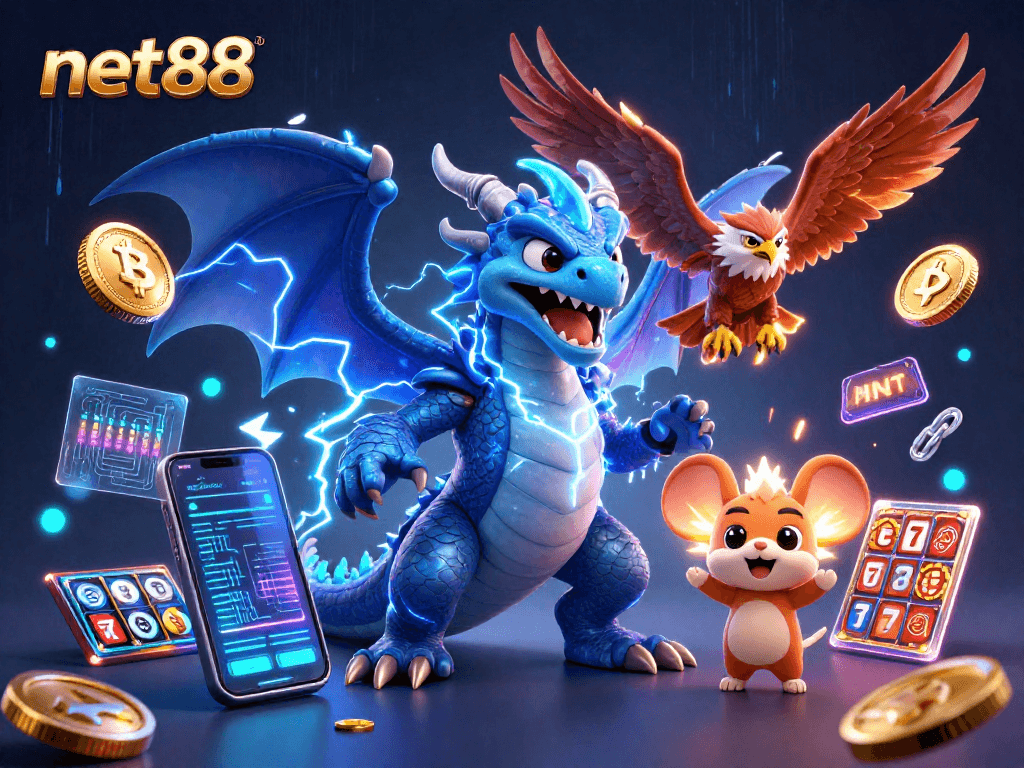 Engage with net88’s vibrant casino world featuring an electric dragon, glowing hawk, and dynamic slots