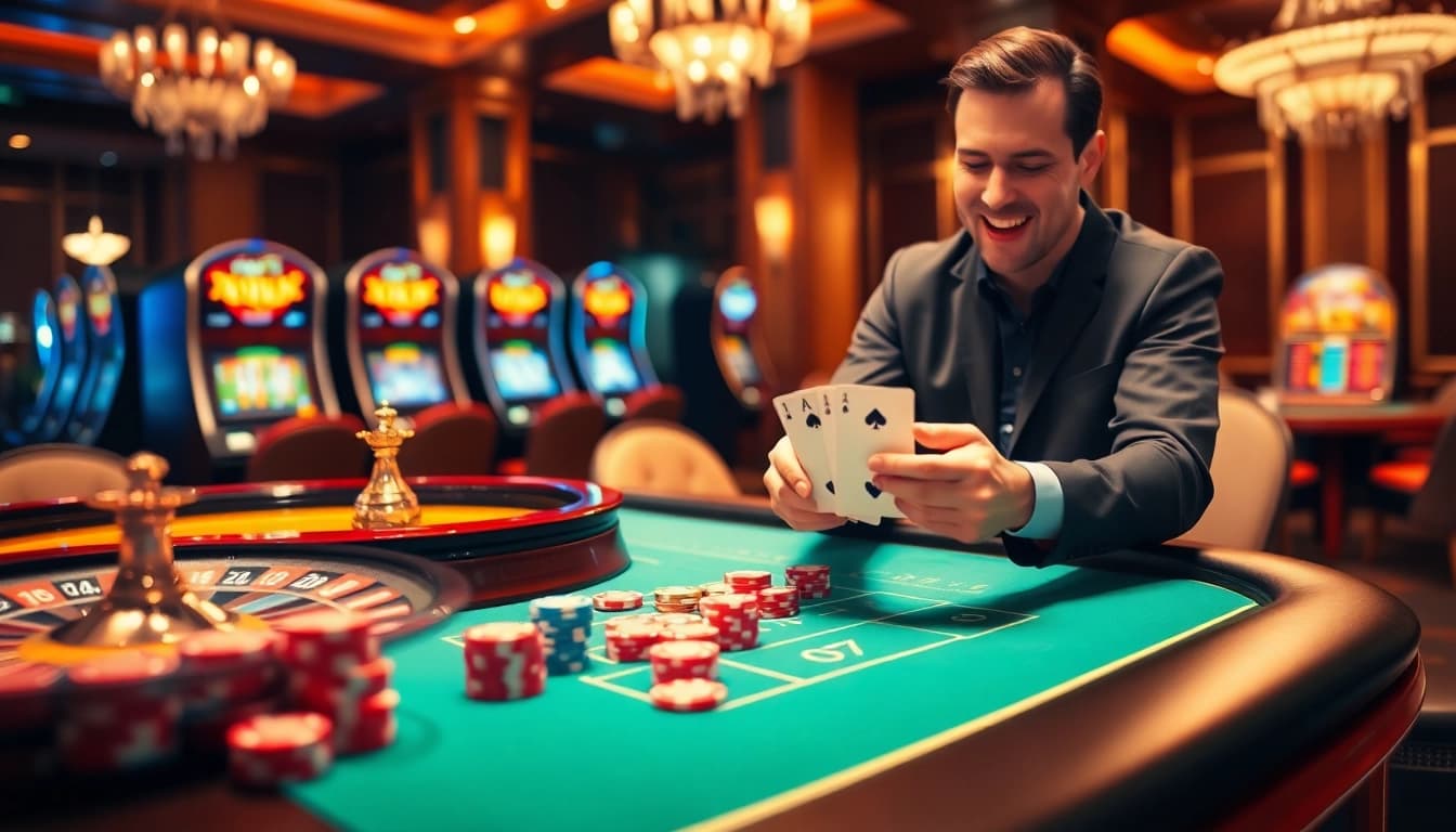 Player enjoying a thrilling card game at 789win casino table, showcasing excitement in gambling.