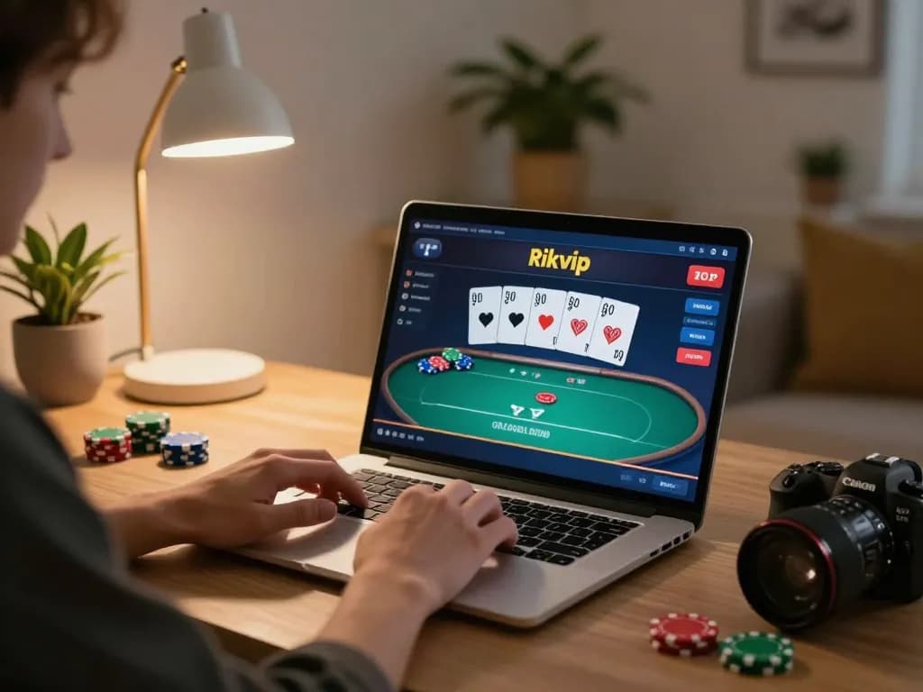 Player engaging in rikvip online poker from home, focused on strategy with cards displayed