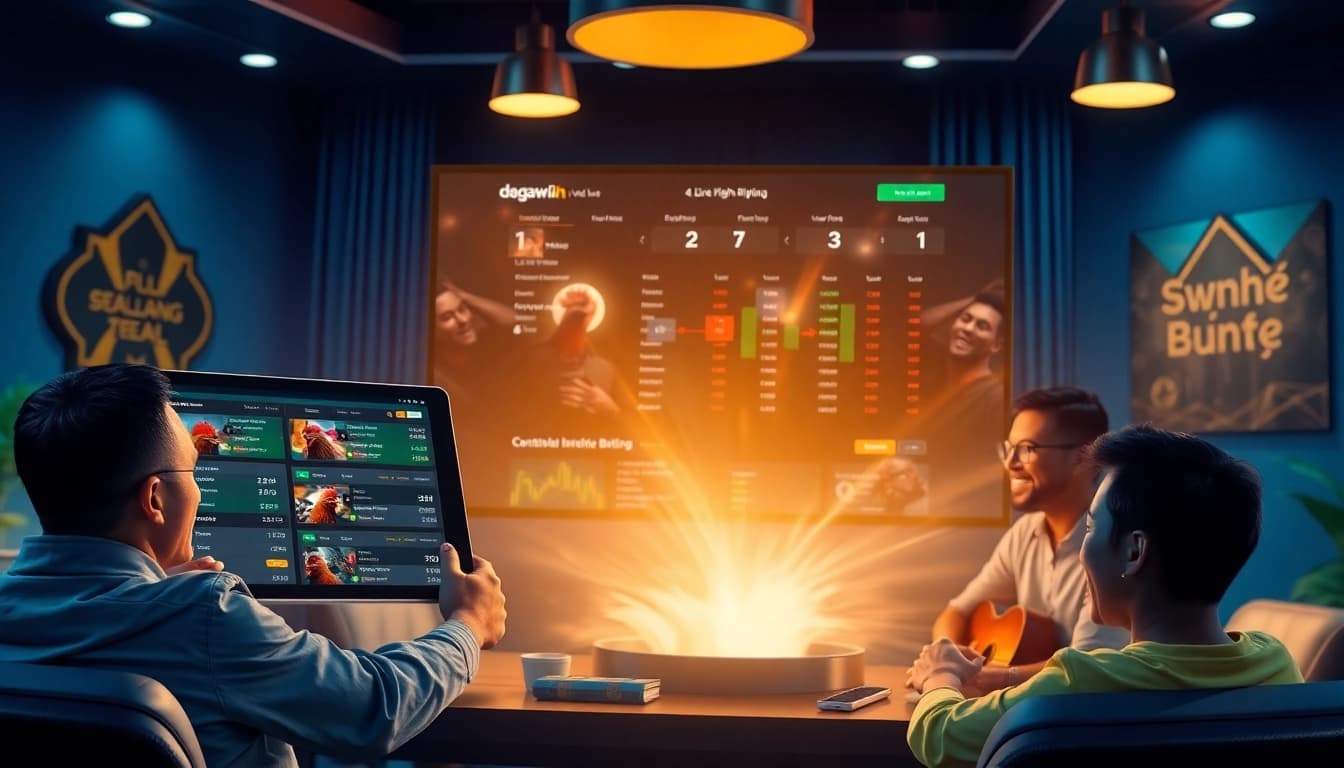 Engaging online betting scene at dagawin.live featuring excited users and live cockfighting statistics.