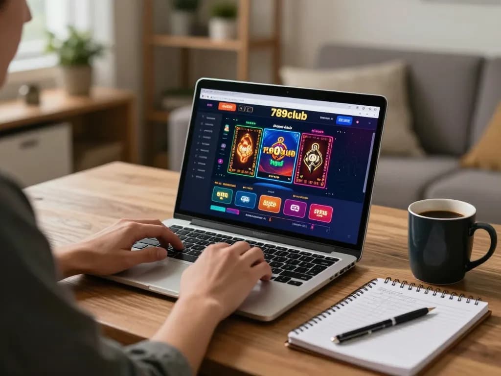 A player engaging with 789club's online casino on a laptop in a cozy home setting, showcasing strategic gameplay.