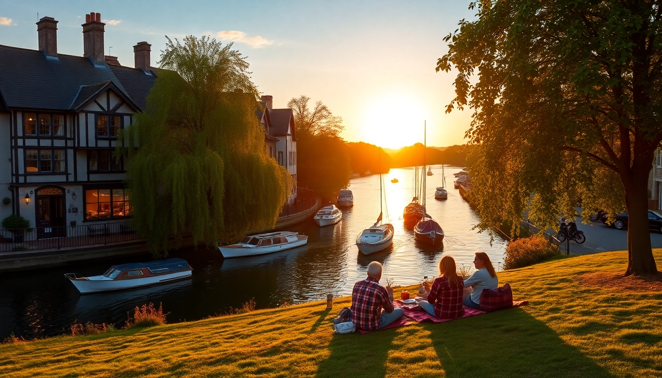 Enjoying a peaceful picnic by the Thames Ditton river with scenic views and warm lighting.