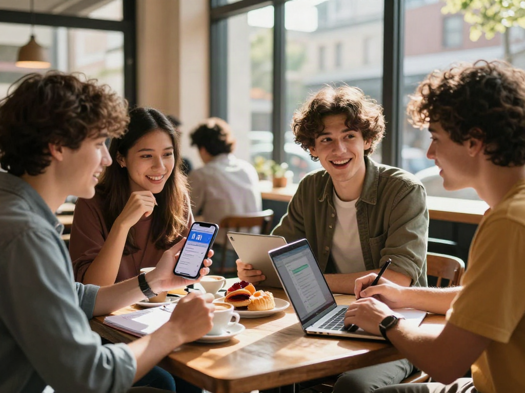 Group of friends in a café discussing ai slut apps, showcasing modern urban lifestyle and social interactions.