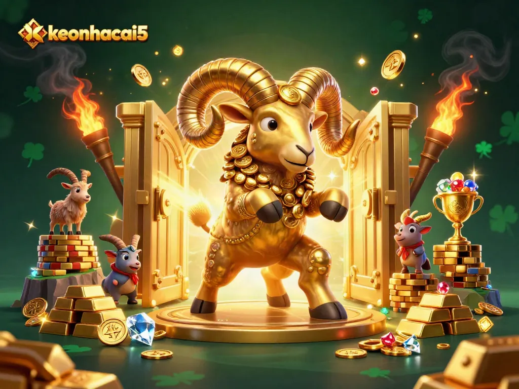 Engage in dynamic sports betting excitement with keonhacai5, illustrated by a golden ram charging through treasures.