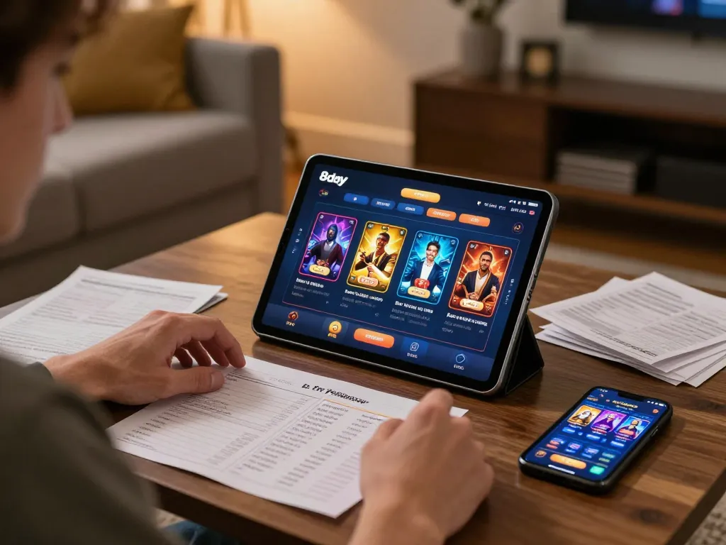 Engaged player using the 8day app for online casino games, showcasing a modern home gaming setup