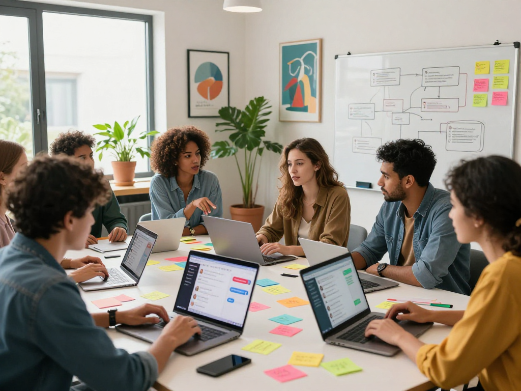 Spicychat team brainstorming ideas in a vibrant co-working space.