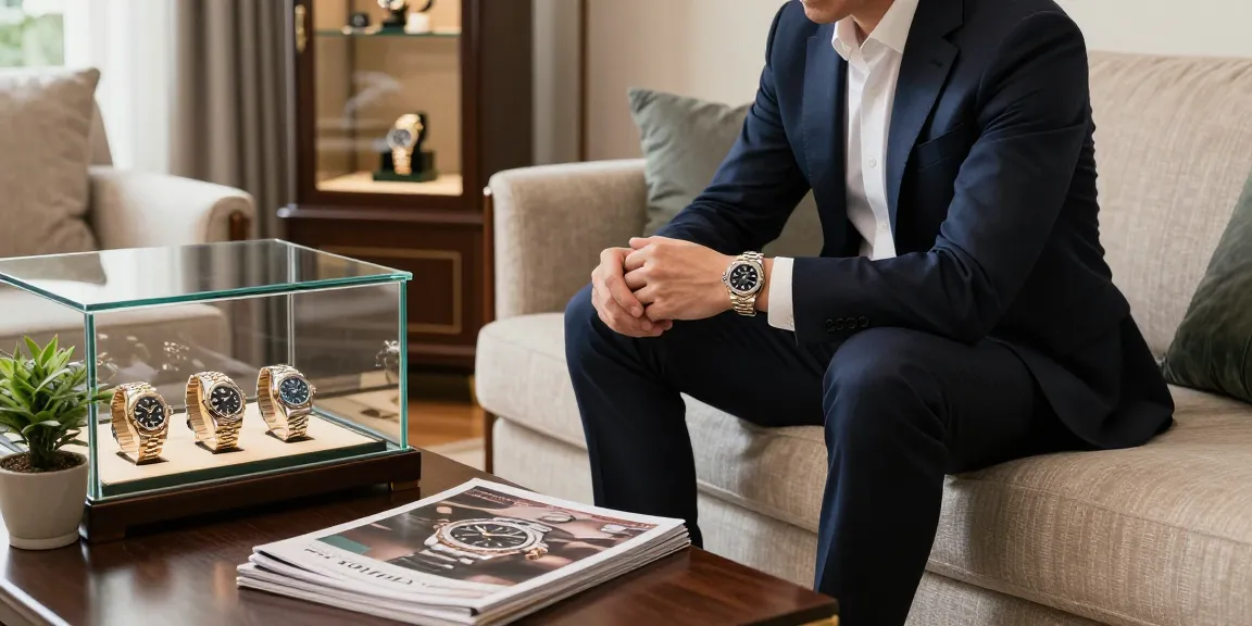 Person showcasing a Rolex replica watch in a stylish living room setting, emphasizing craftsmanship and luxury.