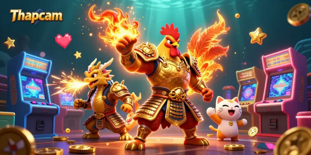 Thapcam showcases a powerful rooster warrior and dragon hatchling amidst vibrant casino elements.