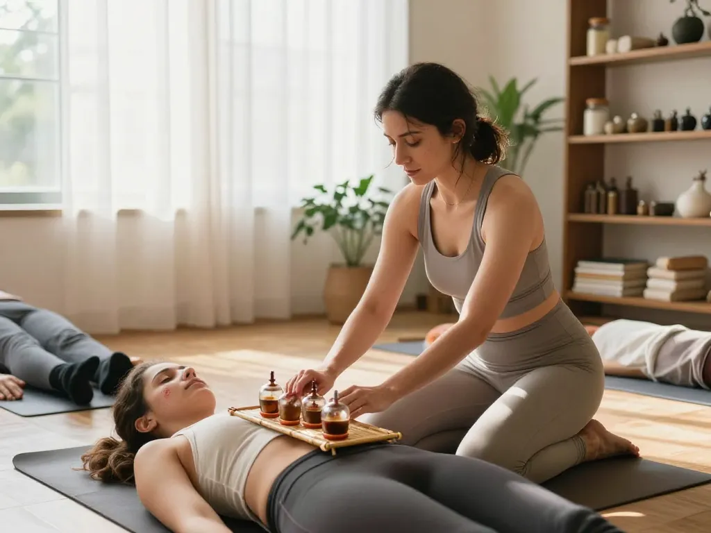 Female-only hijama course with a woman practicing therapeutic techniques in a serene wellness studio