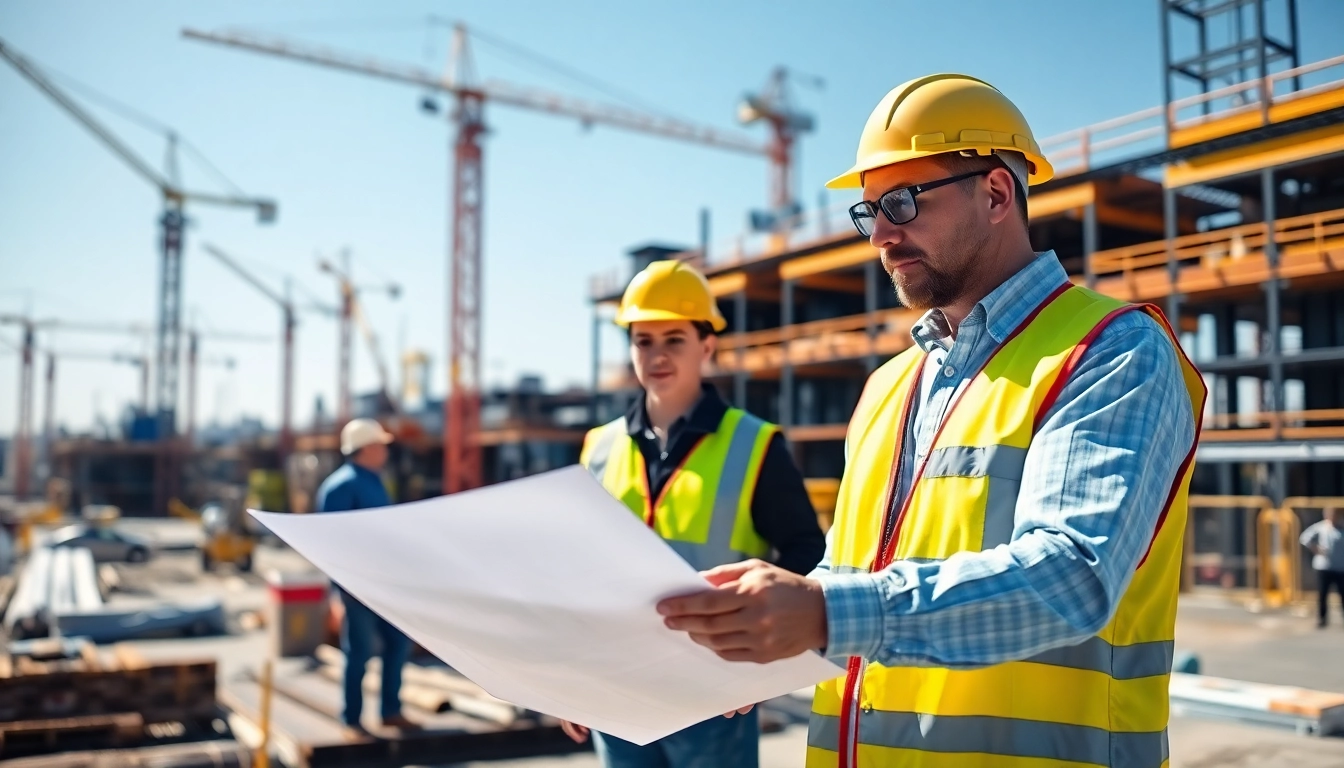 New Jersey Construction Manager assessing project plans at an active construction site with a team.