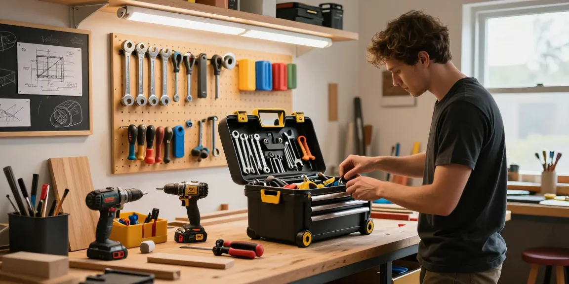 Craftsman using stanley rolling tool box to organize tools in a bright garage workshop.