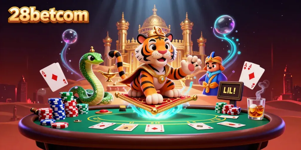 Bet big with 28betcom’s vibrant casino scene, featuring a tiger sultan on a flying carpet and poker elements.